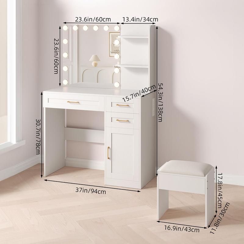 Vanity Desk with LED Lighted Mirror & Charging Station, Makeup Vanity Set with 3 Drawers, Cabinet, Shelves & Cushioned Stool, Modern White Dressing Table for Bedroom