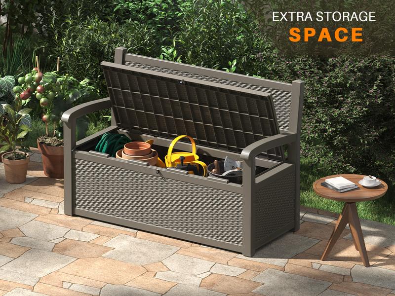 Outdoor Storage Bench, 70-Gallon Resin Deck Box with Seat, 500lb Weight Capacity, Multi-Functional Garden Bench for Patio, Poolside & Entryway, Black & Grey-Christmas Gifts.