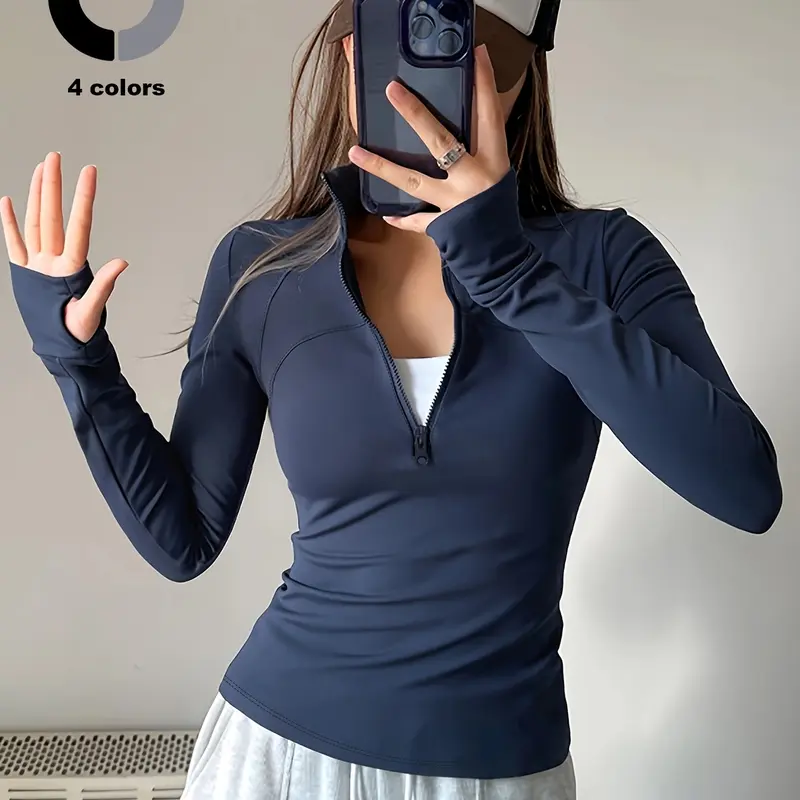 Women's Fall Stand Collar Half-Zip Sporty Sweatshirt, All-Day Fitted Long Sleeve Activewear with Thumb Holes, Ideal for Sports and Fitness