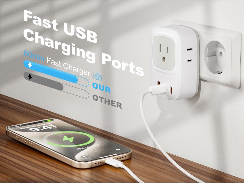 Germany France Power Adapter with 2 USB C, 4 AC Outlets. EU Plug Adapter for US to Europe, Korea, Iceland, Greece, Spain.