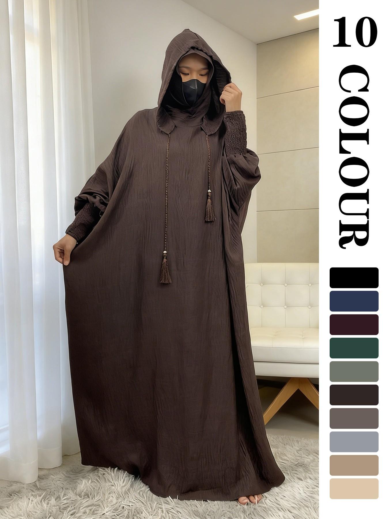 Women's Solid Color Batwing Sleeve Drawstring Hooded Dress, Casual Long Sleeve Shirred Cuff Long Dress for Spring & Fall, Women's Islamic Clothing for Daily Wear