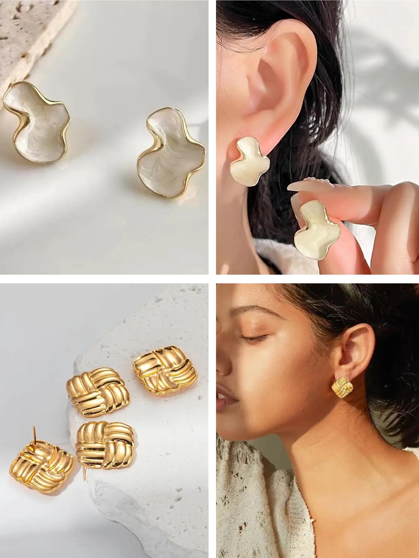 Women's Stylish Gold-Plated Pearl Embellished Earrings Set, Stylish Jewelry, Hypoallergenic Studs & Dangles, Ideal Gift for Her, 15 Pair Collection, Earring Stacking Set, Hypoallergenic Earrings Pack