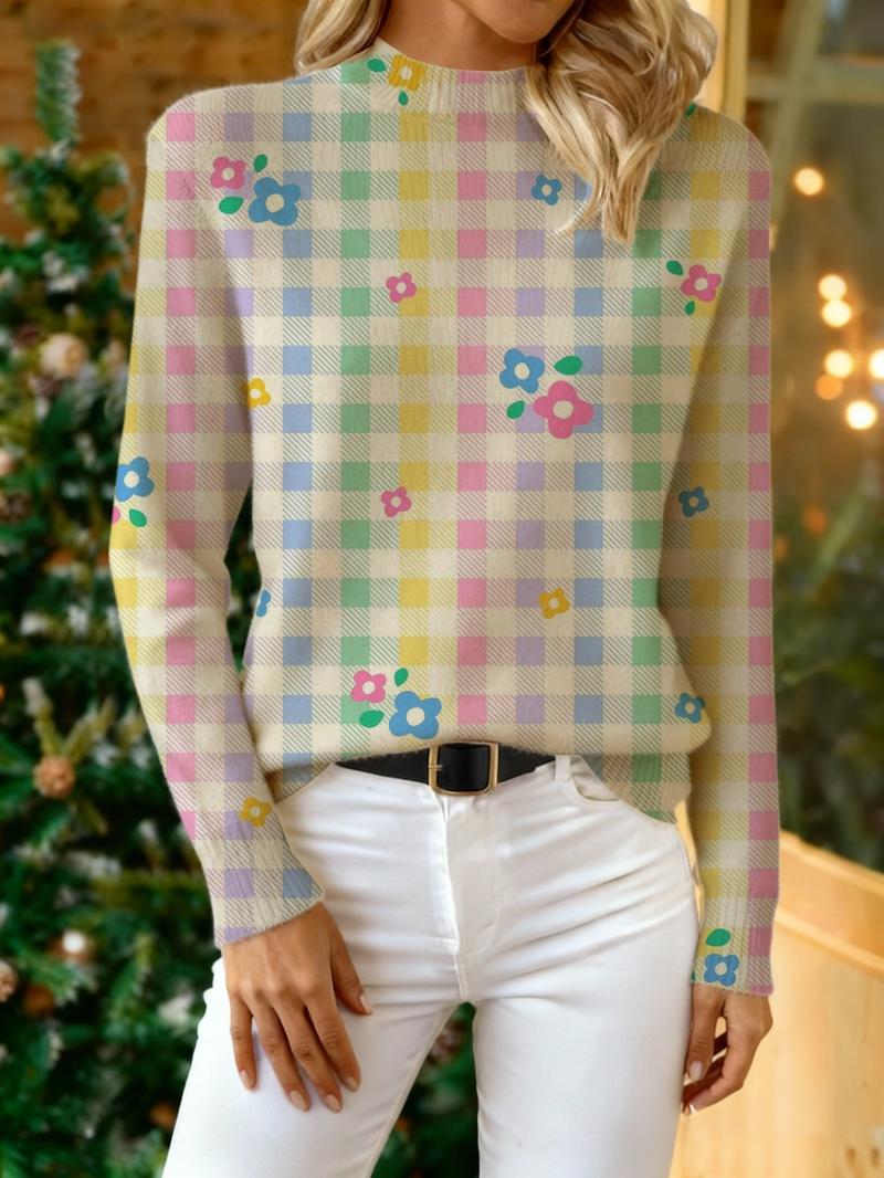Women's Multicolor Plaid Floral Print Stand Collar Sweater, Fall Winter Casual Long Sleeve Knitwear, Comfortable Warm Daily Wear