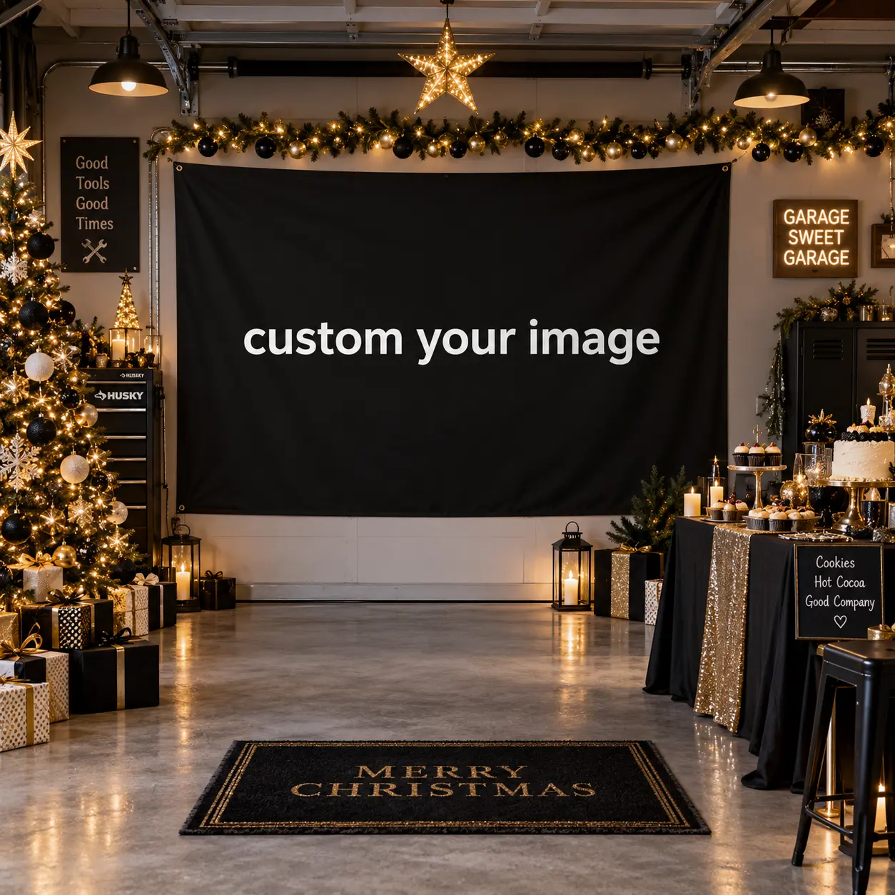 Custom Photo & Name Black Gold Holiday Backdrop, Personalized Elegant Christmas New Year Party Banner