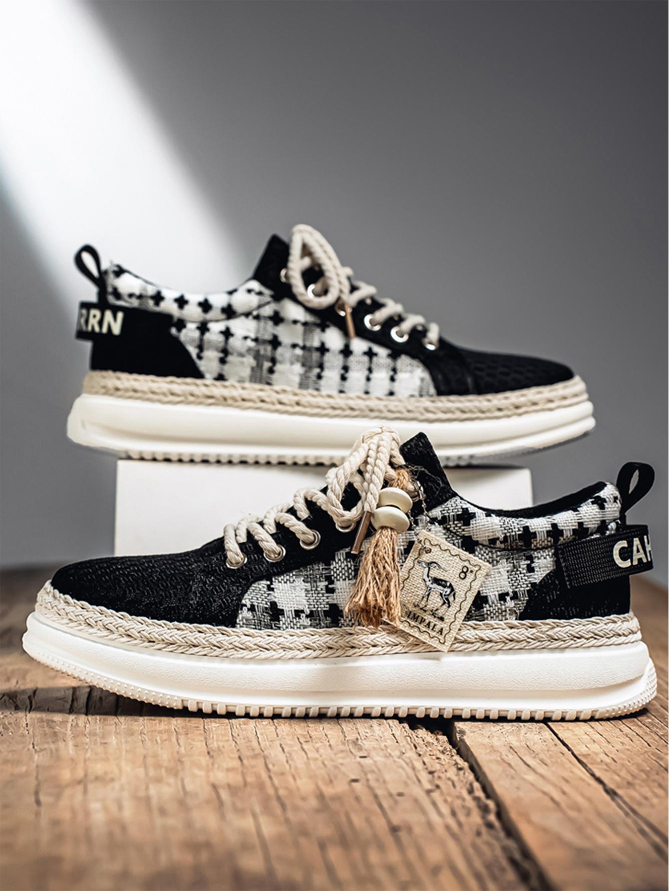 Summer New Men's Retro Plaid Laces, Braided Rope Shoelace Design, Easy-On-Off Hemp Laces, Commuter & Casual Shoes, Versatile Footwear