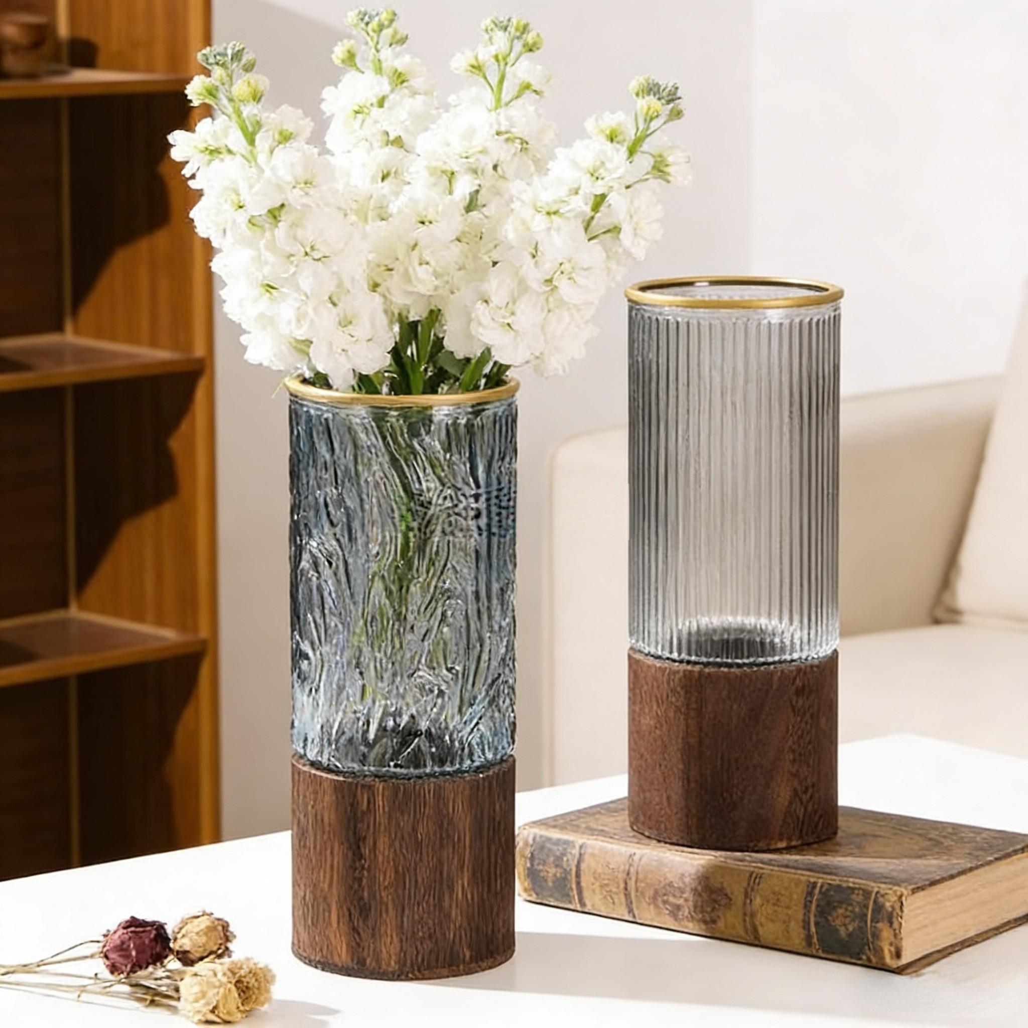 Modern Detachable Glass Flower Vase with Wooden Base, Gold Rim Ribbed/Ice Texture Vase for Home Decor, Perfect for Roses, Lucky Bamboo, Table Centerpieces