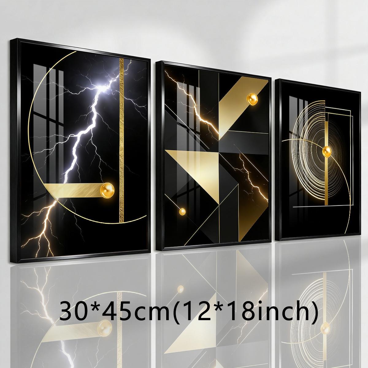 3 Counts Aluminum Alloy Framed Painting, Abstract Golden Geometric Lightning Art Pictures, Home Decoration For Living Room, Bedroom, Office, Restaurant, Hallway Wall Decor, Odorless Print Artwork, Luxury Perfect Gift For Friends And Family
