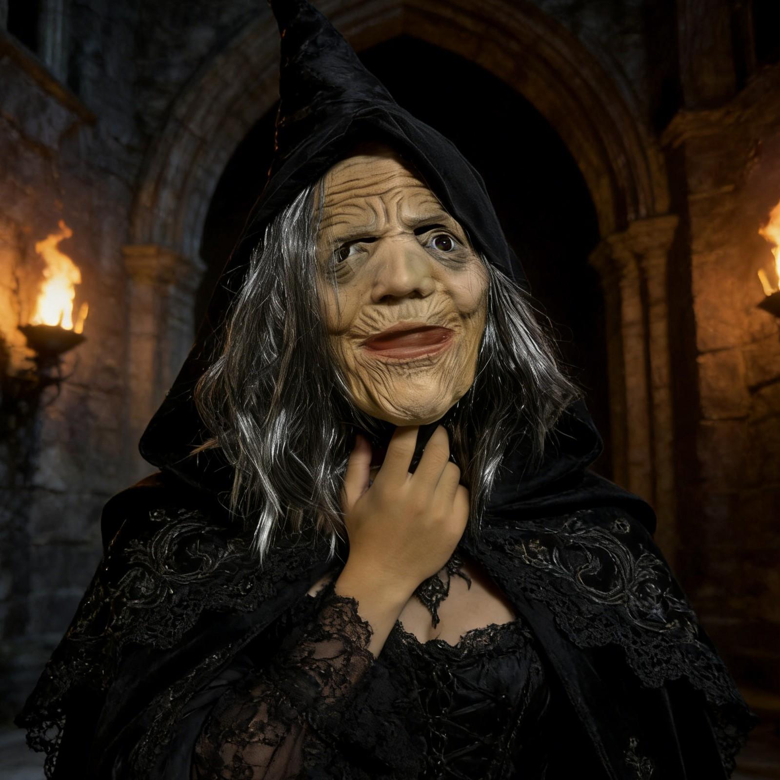 Scary Old Witch Latex Mask – Creepy Grandma Costume With Black Eyes And Grey Hair For Halloween Horror Cosplay Party Adults Masquerade Prop