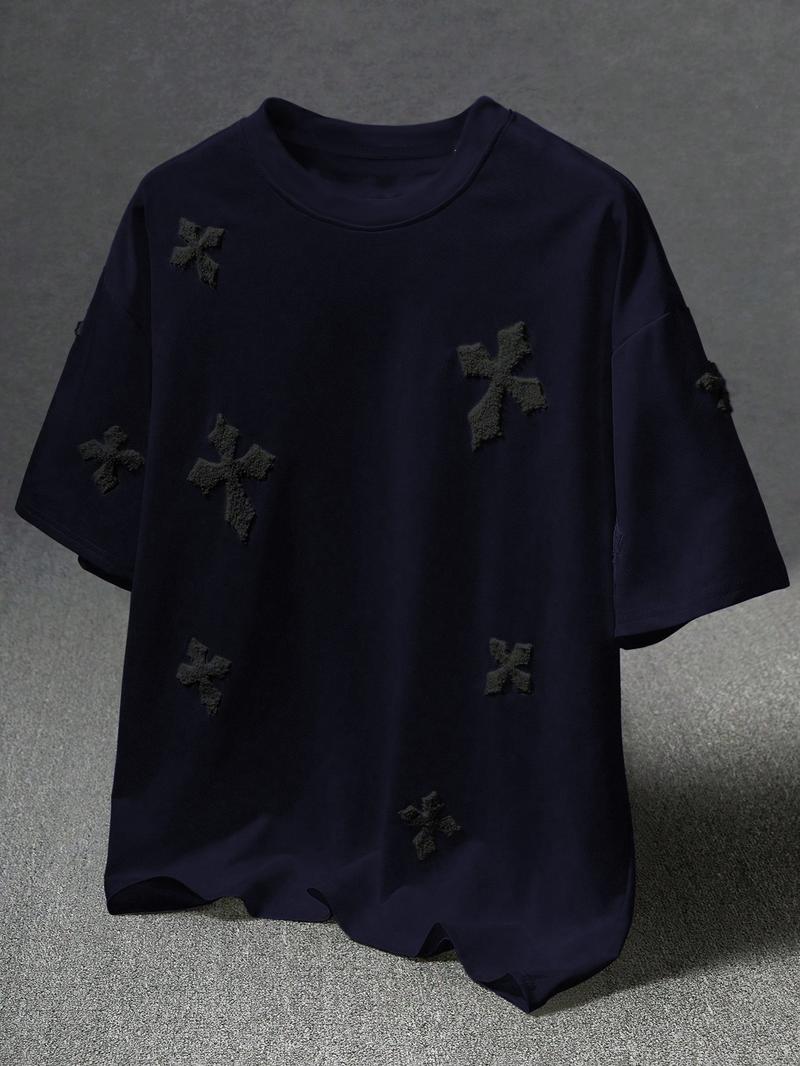 Men's Cross Stitch Embroidered Solid Color Round Neck T-Shirt, Casual Fitted Long Sleeve Top for All Seasons, Sporty College Style