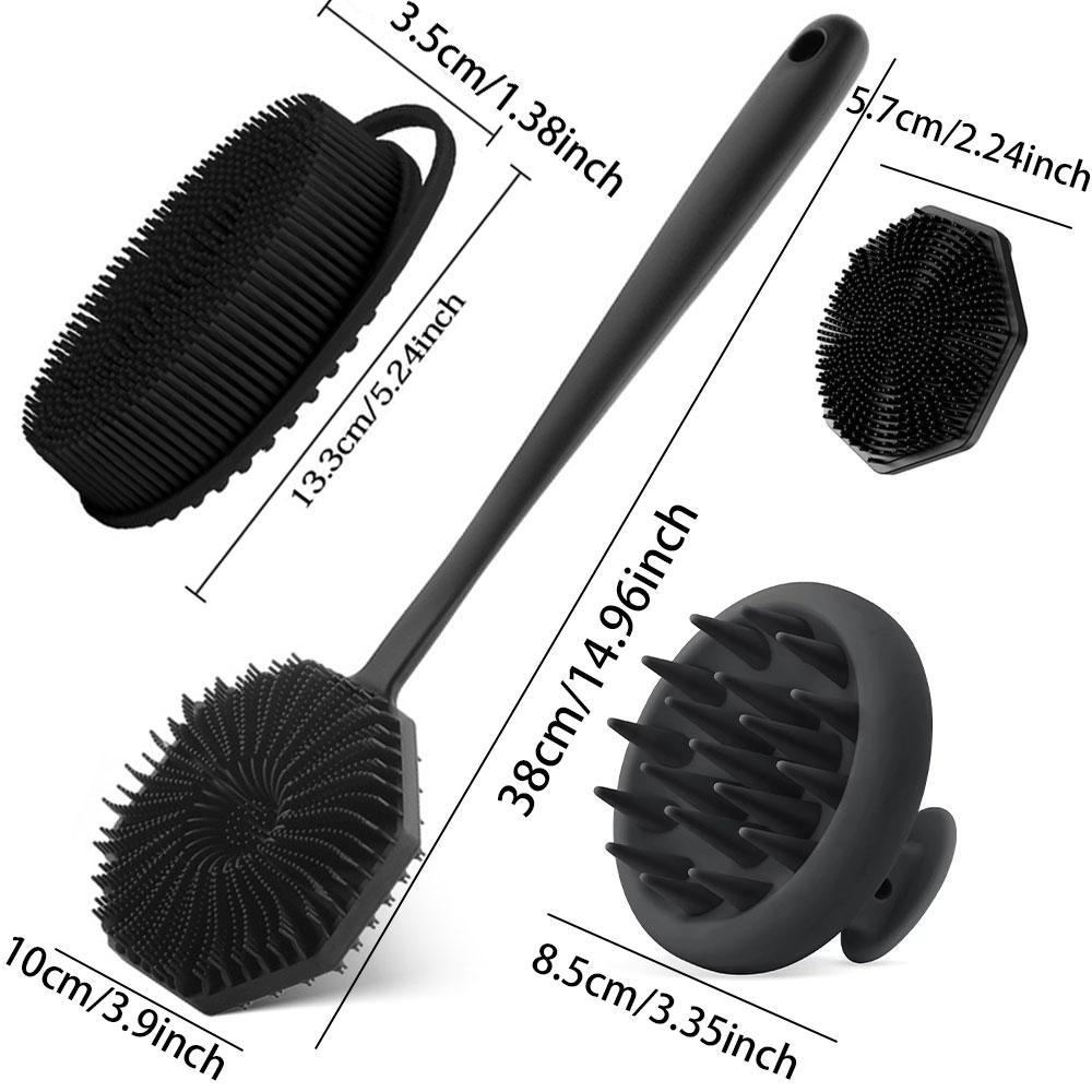 Silicone Bath Brush Set, Long Handle Back Cleaning Brush, Short Handle Shower Brush, Hair Brush and Face Washing Brush, Cleaning Tool, Body Back Scrubber