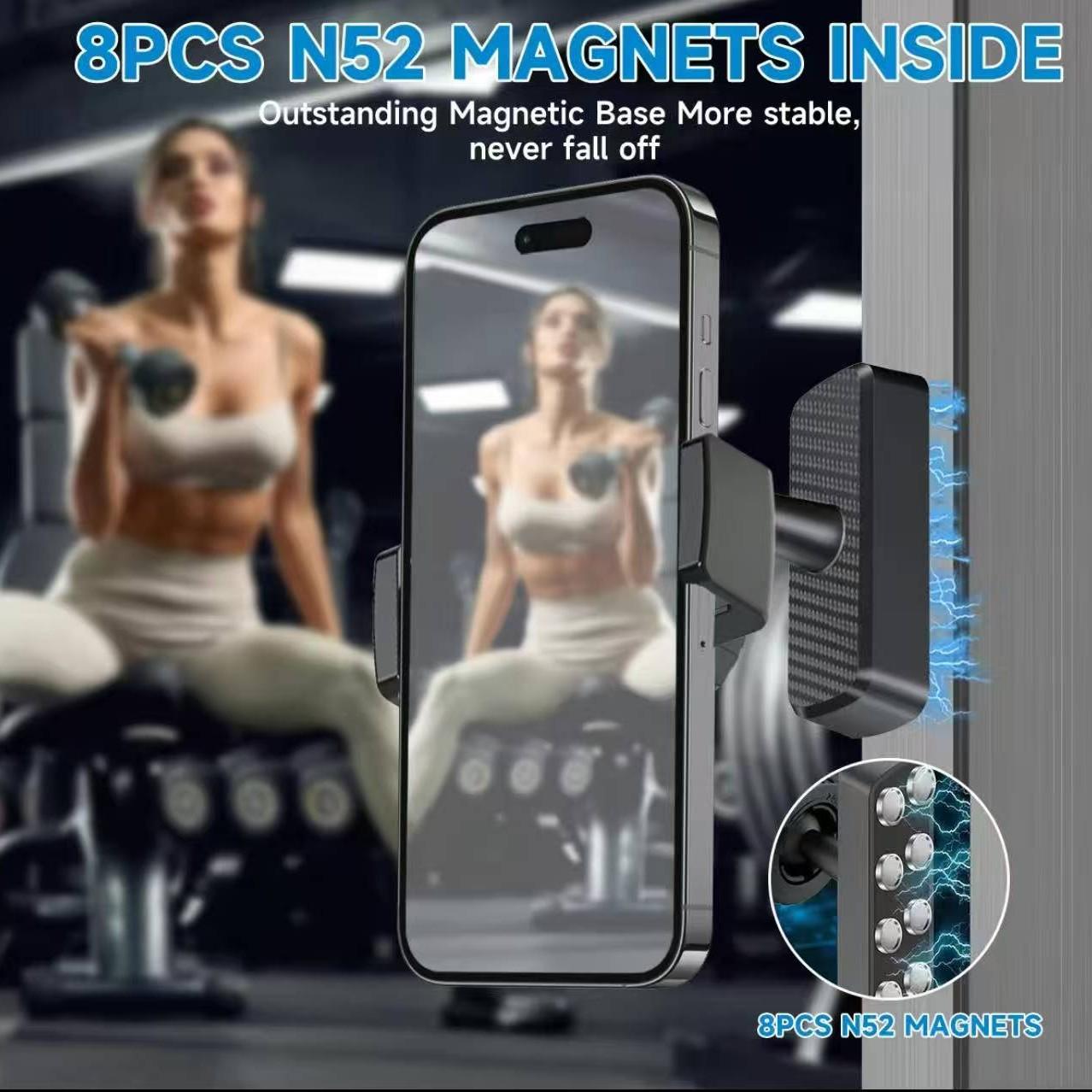 Magnetic Gym Phone Holder, 360° Rotating Strong Magnet Workout Mount for Fitness Recording, Compatible with iPhone 17 16 15 14 13 12 & Android, Portable Gym Essentials for Men Women