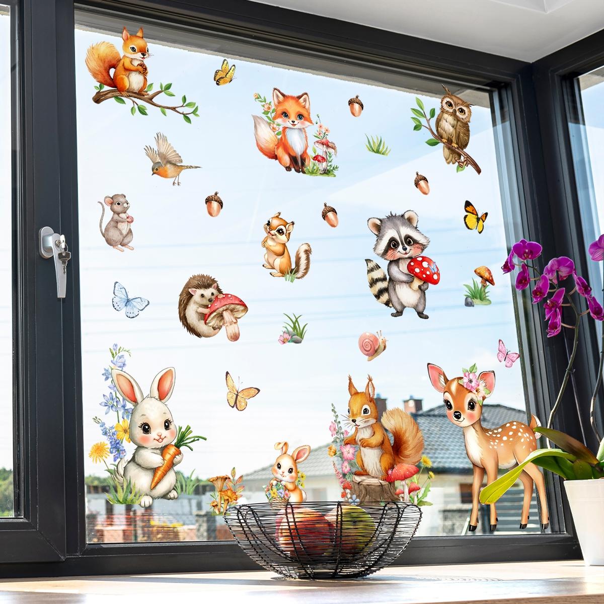 A (30*60cm) window sticker featuring a squirrel, fox, hedgehog and fawn, which is double-sided visible, static cling, a glass sticker for beautifying festival homes, living room windows, and decorating windows and shop windows, Decorative Stickers, D16550