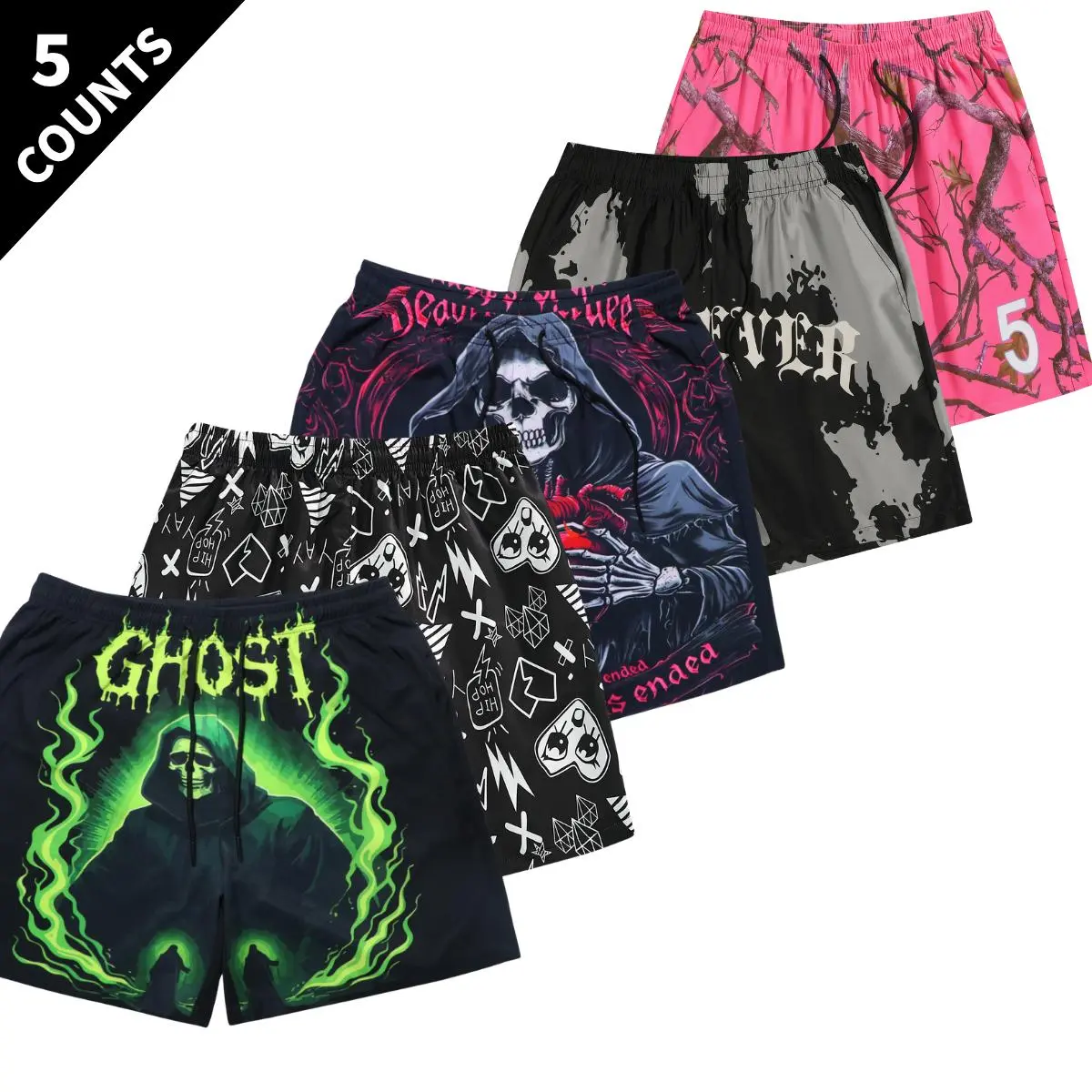 Men's 5-Piece Printed Quick Dry Sports Shorts - Drawstring, Side Pockets, Breathable Fabric, Regular Fit Active Bottoms for Summer Running, Beach Wear,sohochic