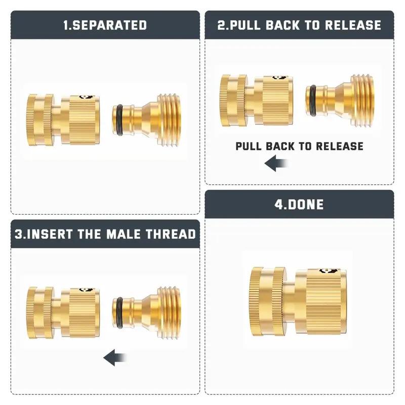 Garden Hose Quick Connector, 1 Set Solid Brass 3/4 Inch GHT Thread Fitting, No-Leak Water Hose Female & Male Adapter, Garden Hose Quick Connect Fittings, Garden Hose Connectors, Summer Gardening Tool Accessories