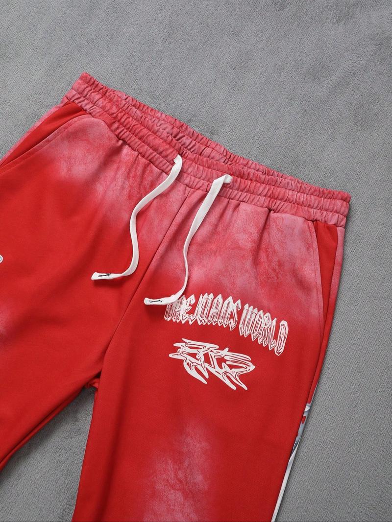 Men's Regular Fit Graphic Print Drawstring Waist Sweatpants, Street Fashion Casual Pocket Trousers for Daily Wear, Men's Bottoms for All Seasons, Flare Leg Pants, Casual Streetwear Trousers