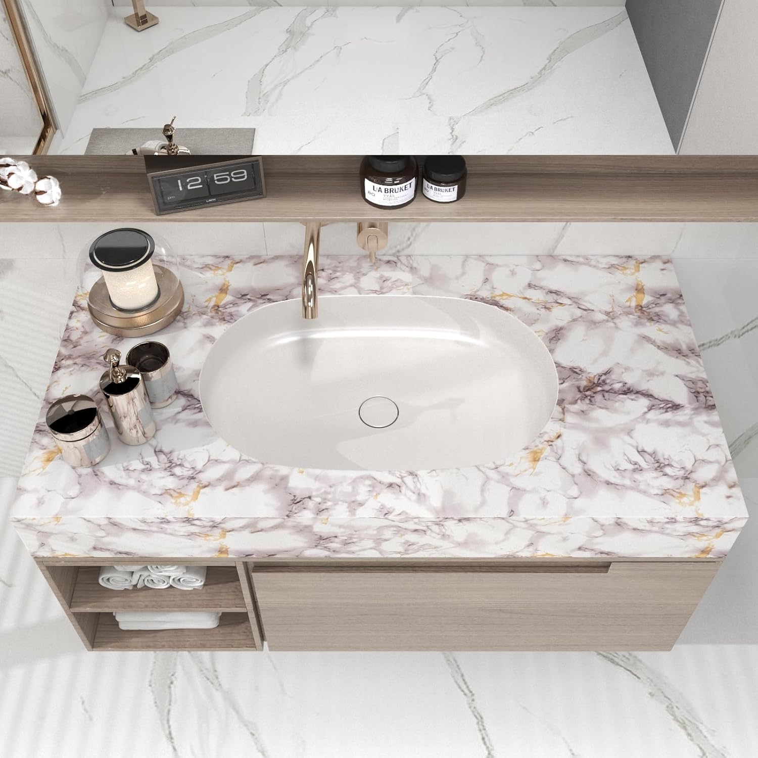 White Brown Marble Peel and Stick Wallpaper 15.7" x 78.7",  Removable Vinyl Covering Contact Paper for Countertops Kitchen Cabinet Desk Backsplash Shelf Liner Renter Friendly Decor