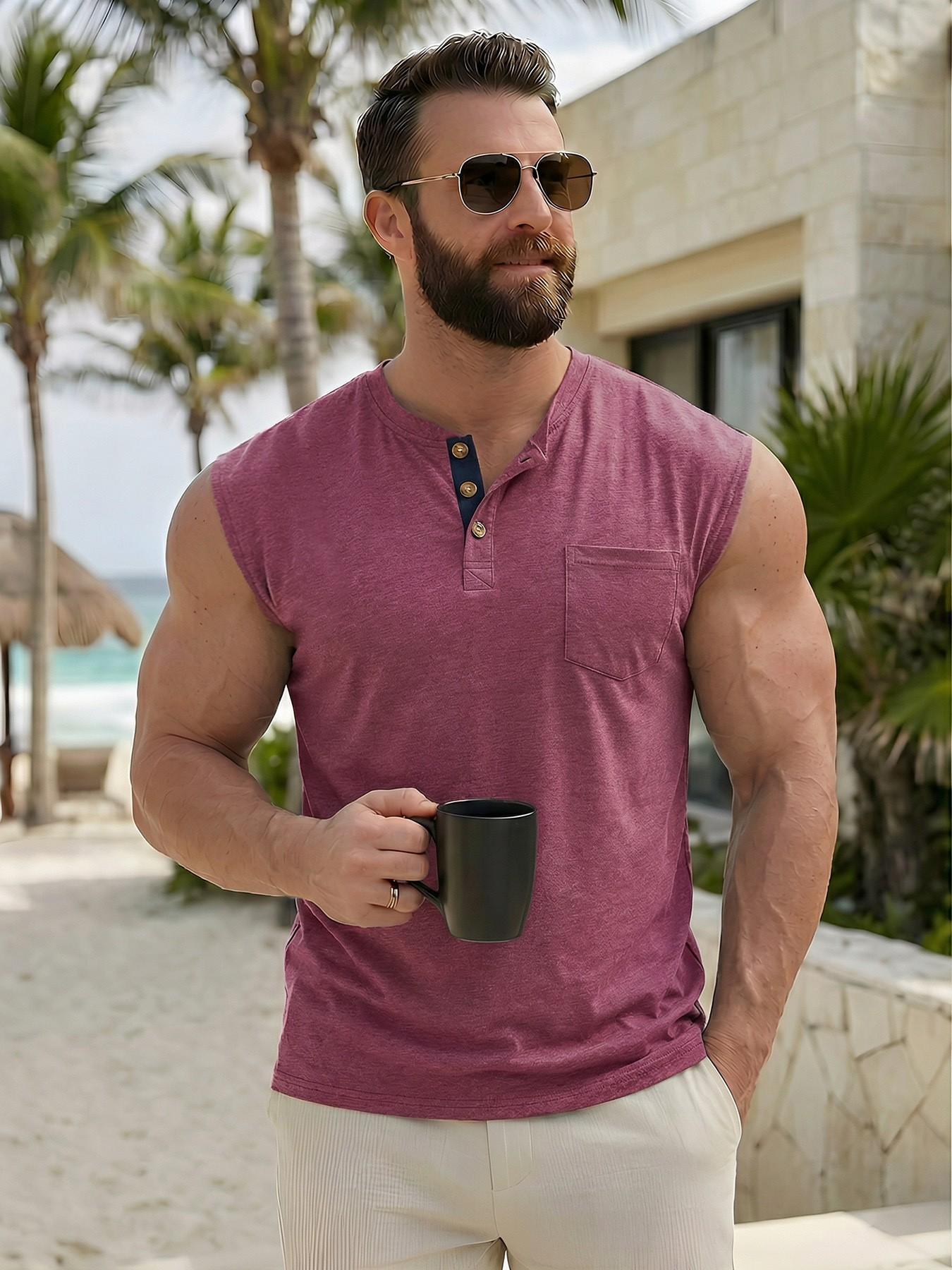 Men's Sleeveless Henley Knit Tank Top, Pocketed Casual Button Decor Muscle Shirt, Summer Beach Sports Vest, Comfortable and Stylish