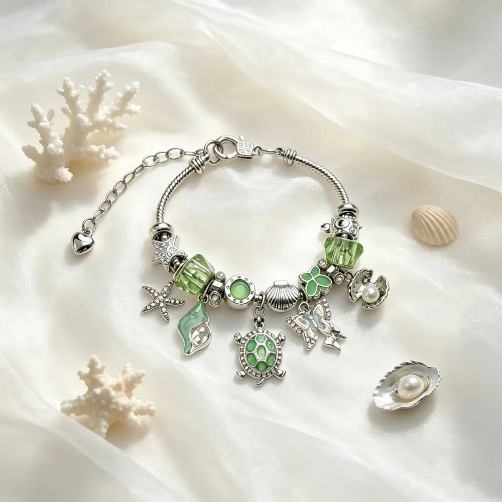 Green Ocean Sea Turtle Charm Bracelet Snake Chain Dangle Wristband Starfish Seashell Butterfly Pendants Pearl Oyster Glass Beads Coastal Beach Vacation Fashion Jewelry Gift For Women