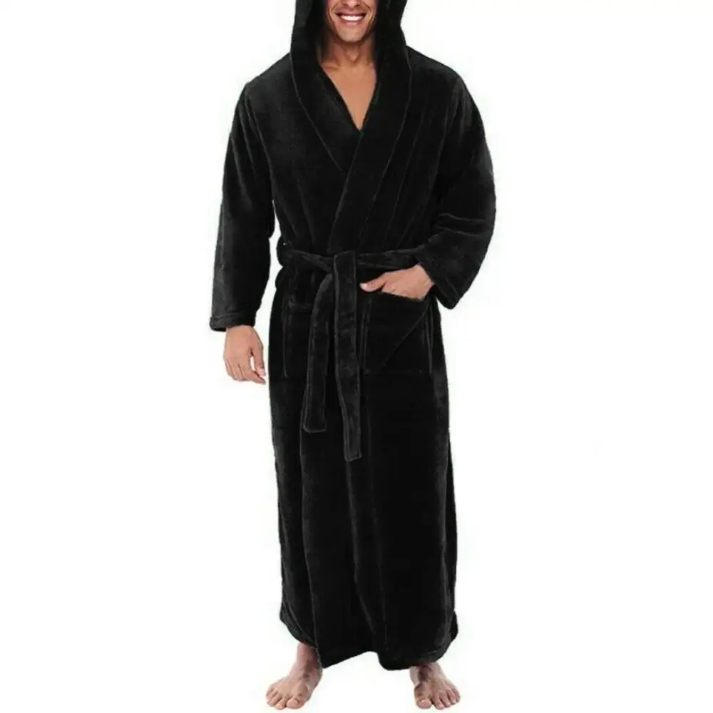 Men's Solid Color Loose Fleece Robe - Winter Warm Long Home Sleepwear, Casual Loungewear with Pockets Menswear Long Sleeve