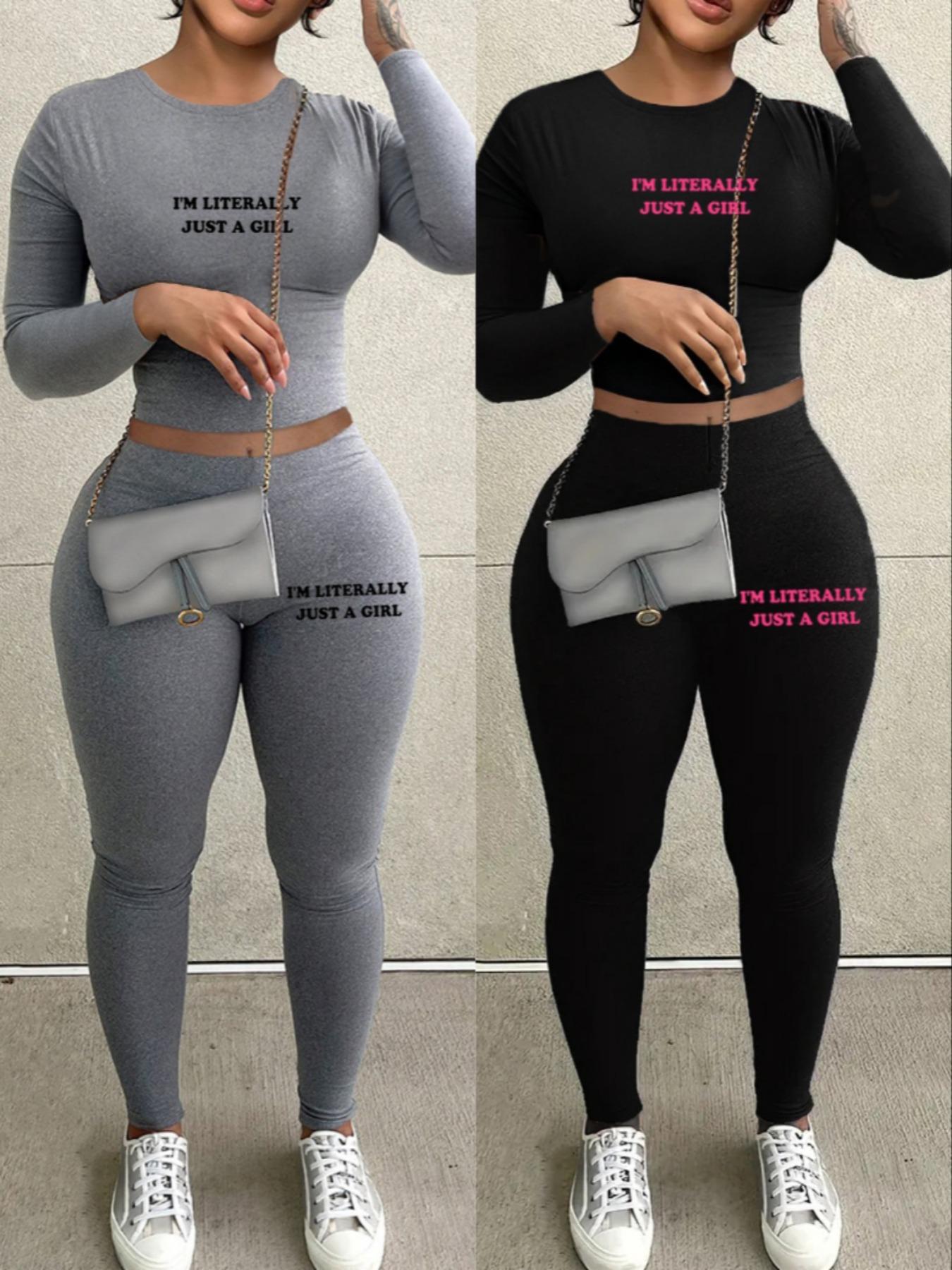 Women's Casual Long Sleeve Crop Top & Leggings Set, long johns, pantsuit, Plain Pattern, Fitted Design, Spring & Fall Fashion, Two-Piece Sportswear, Yoga Clothes Set