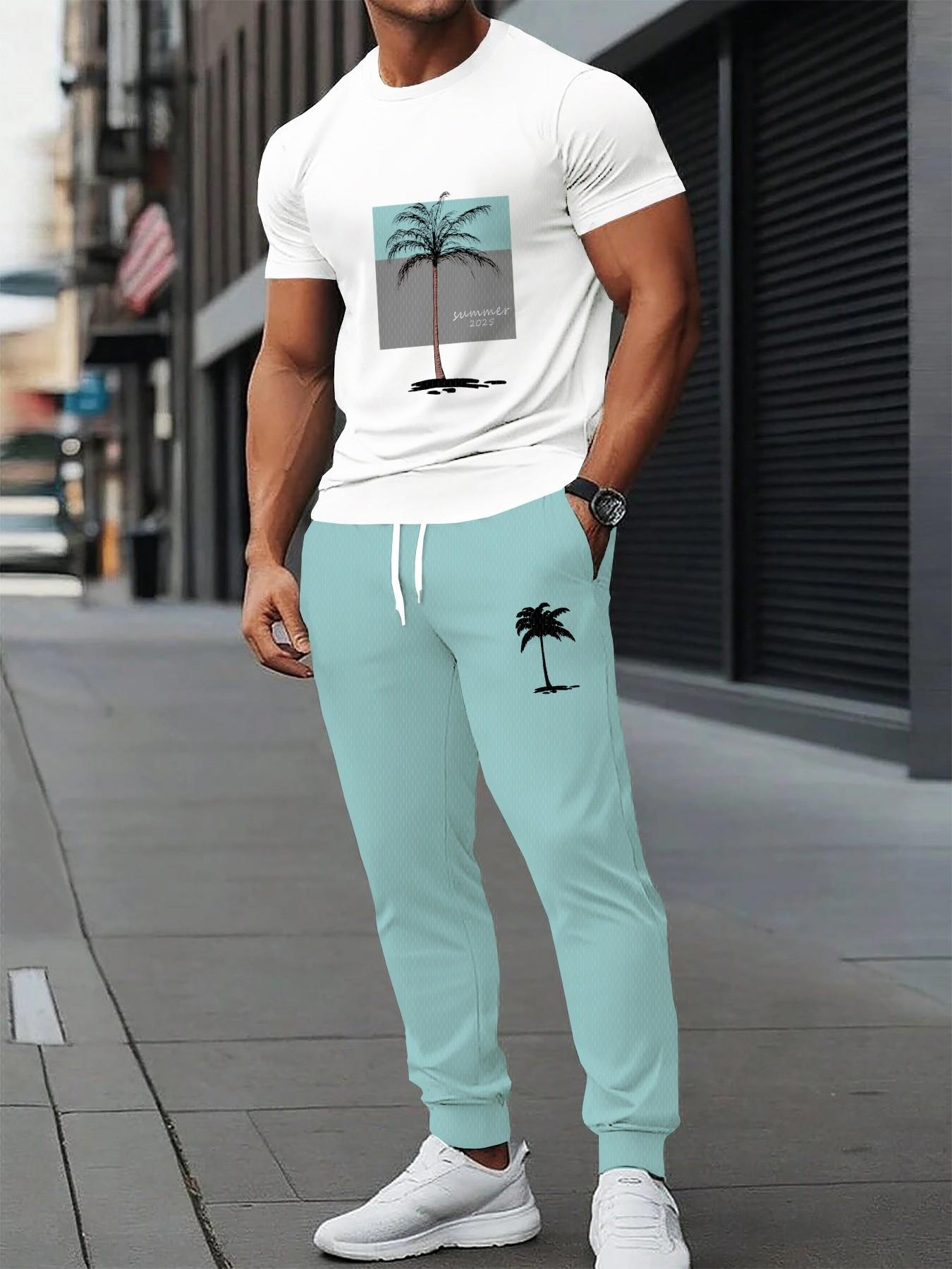 Men's Summer Palm Tree Print 2-Piece Set, Short Sleeve Tee + Mint Drawstring Joggers, Lightweight Casual