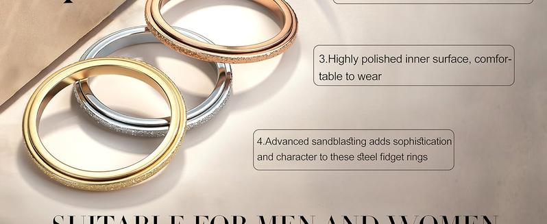 Trendy Fidget Rings for Women Men -2 4mm Titanium Steel Spinner Ring for Anxiety Stress Relief Glitter Sandblast Spinning Figit Anxiety Jewelry for Women Gifts