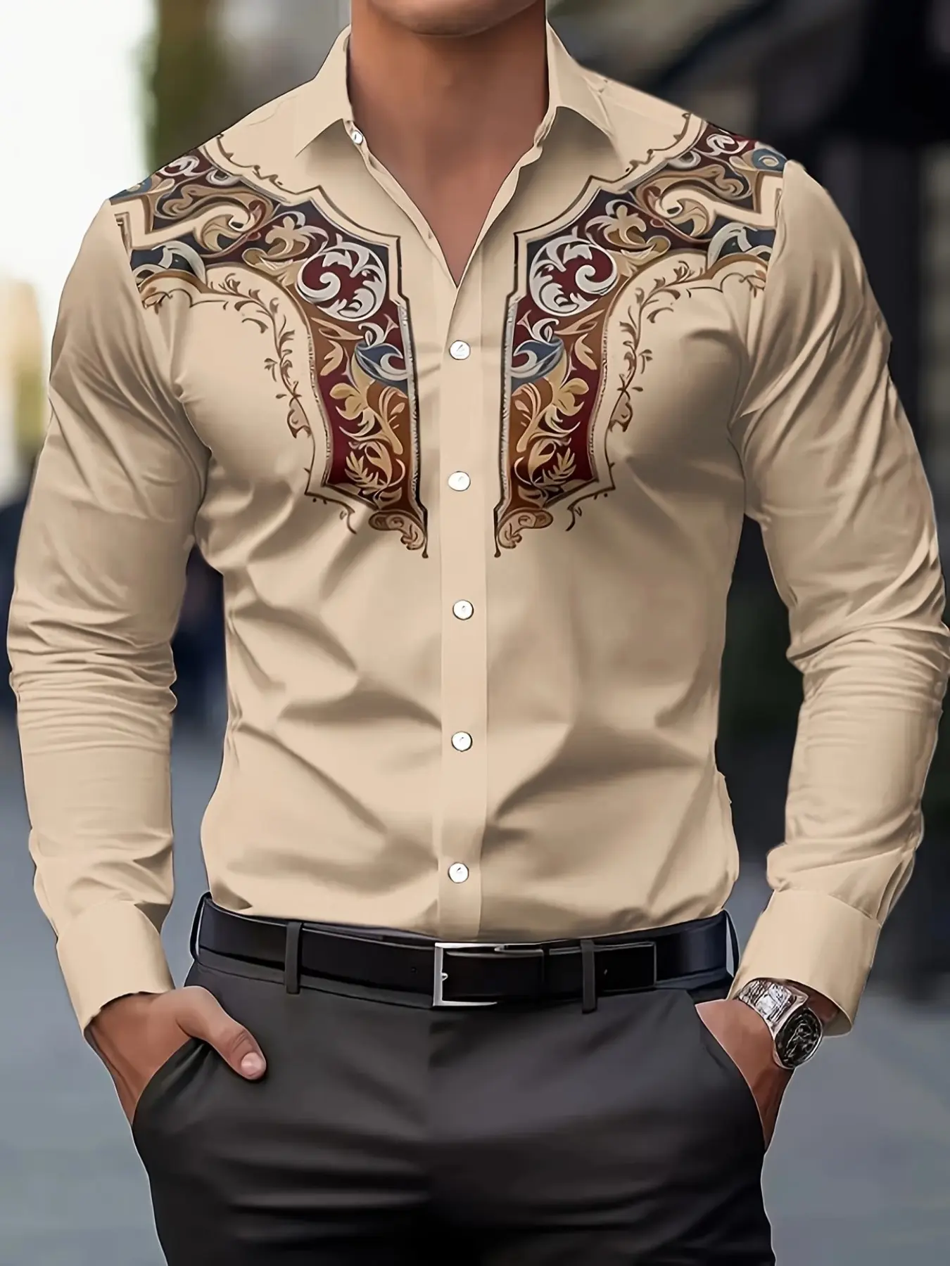 Men's long-sleeve shirt with vintage ethnic patterns, American retro ethnic-style carved print long-sleeve shirt, lightweight luxury casual trendy shirt with a turn-down collar