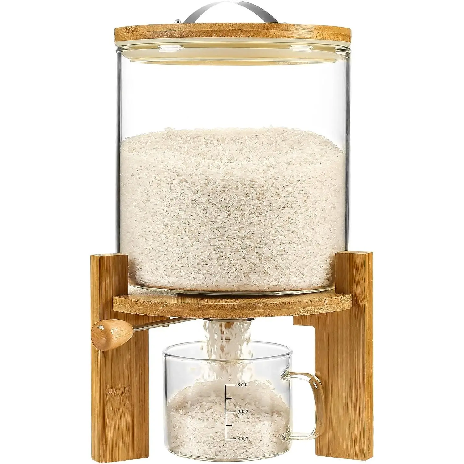 Rice Dispenser, Rice Storage Container：Flour and Cereal Container with Airtight Lid and Wooden Stand, Glass Food Storge Container for Kitchen Organization and Pantry Store (5L)