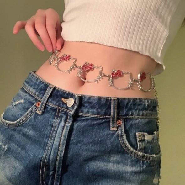 Sweet and cool girl cat waist chain, Y2K babe style metal belt with glittering diamonds, fashionable and unique accessory for skirts.