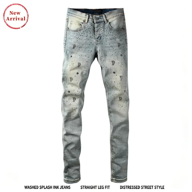 Men's Vintage School-Style Streetwear Denim Ripped Slim Fit Washed Stretch Cotton Blend Jeans - Menswear, Casual Comfortable High-Quality, Smooth Pockets, All Season Regular Size