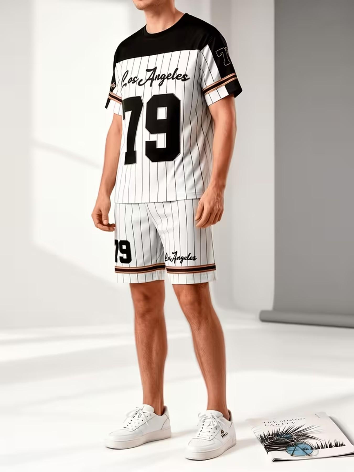 Men's Casual T-Shirt and Shorts Set, Los Angeles Letter Design & 79 Pattern, Comfortable Polyester Fabric, Perfect Gift for Summer Outdoor Activities