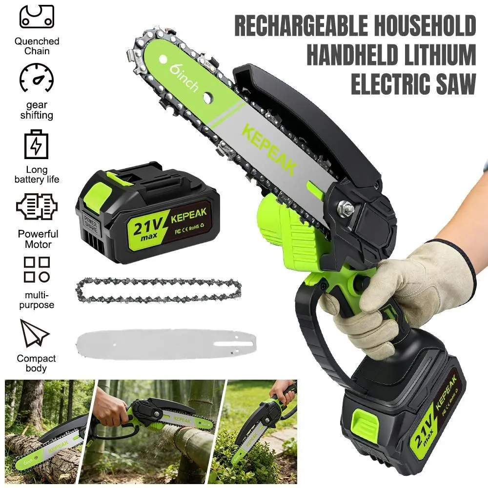 Powerful Cordless 6-in Mini Chainsaw with Cordless Operation, Battery, Charger, Portable Electric Handheld Design, Handheld Grip, Safety Guards, Steel Bar for Tree Trimming, Garden Pruning, Powerful Chainsaw