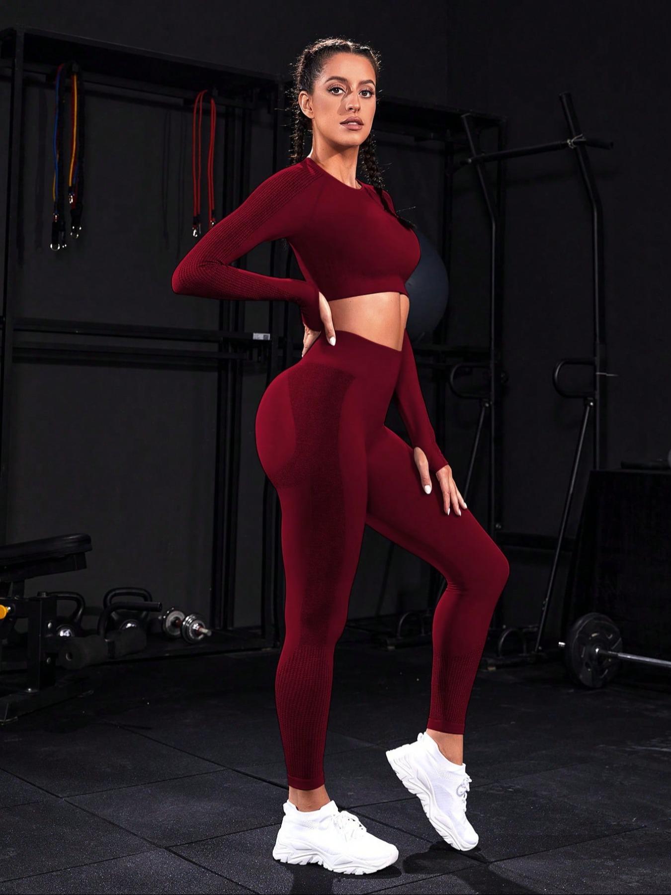 Two-piece Set Sporty Women's Plain Round Neck Crop Top & Ruched High Waist Leggings Tracksuit Set, Comfy Breathable Two-piece Outfits for Yoga Gym Running, Ladies Sportswear for All Seasons, Activewear, Athletic Wear, Gym Clothes Workout
