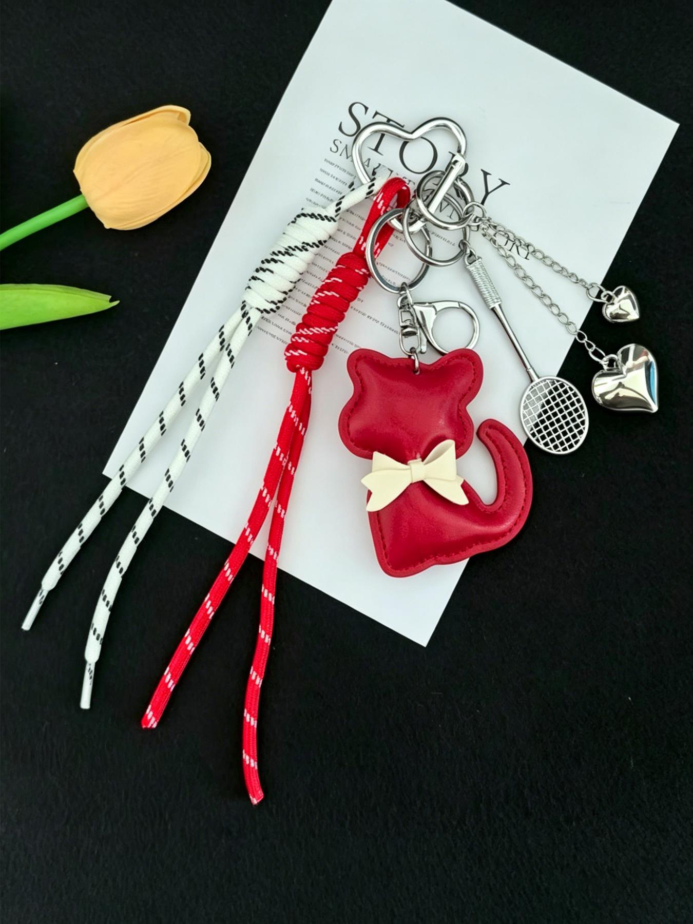 Miu Style Butterfly Knot Cat Keychain, Cute Heart Leopard Pattern Pendant, Casual All-Season Accessory for Bags and Backpacks