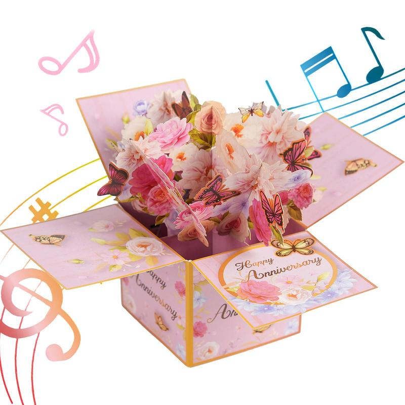 【Valentine's Gift】Musical Flower Card  /3D Pop-Up Butterfly Flower Bouquet Greeting Card for Women - Singing Birthday/anniversaryPop Up Card with Dancing Lights Music 3D Happy Birthday Gifts for Women, Wife, Mom, Grandmother Pastel Color