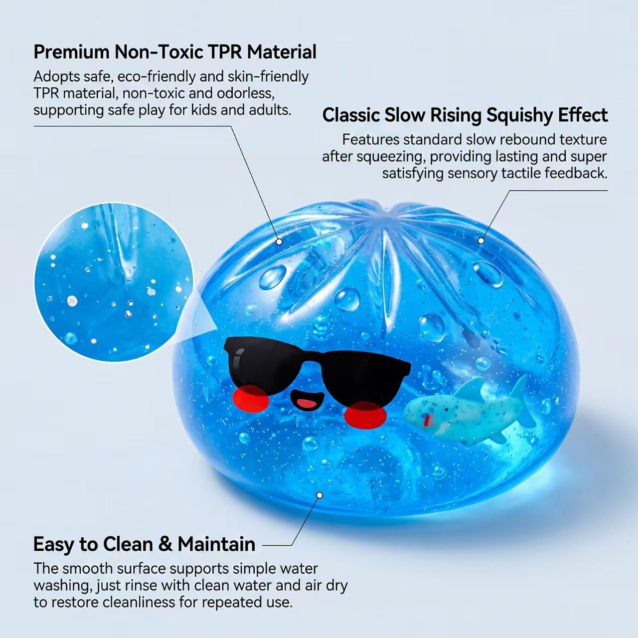 4-Pack Blue Shark Baozi Squishy Toy, Cute Decompression Squishy Stress Relief Squeezing Toy with Sunglasses, Mini Steamer Storage Box, Adult & Kids Desk Gift