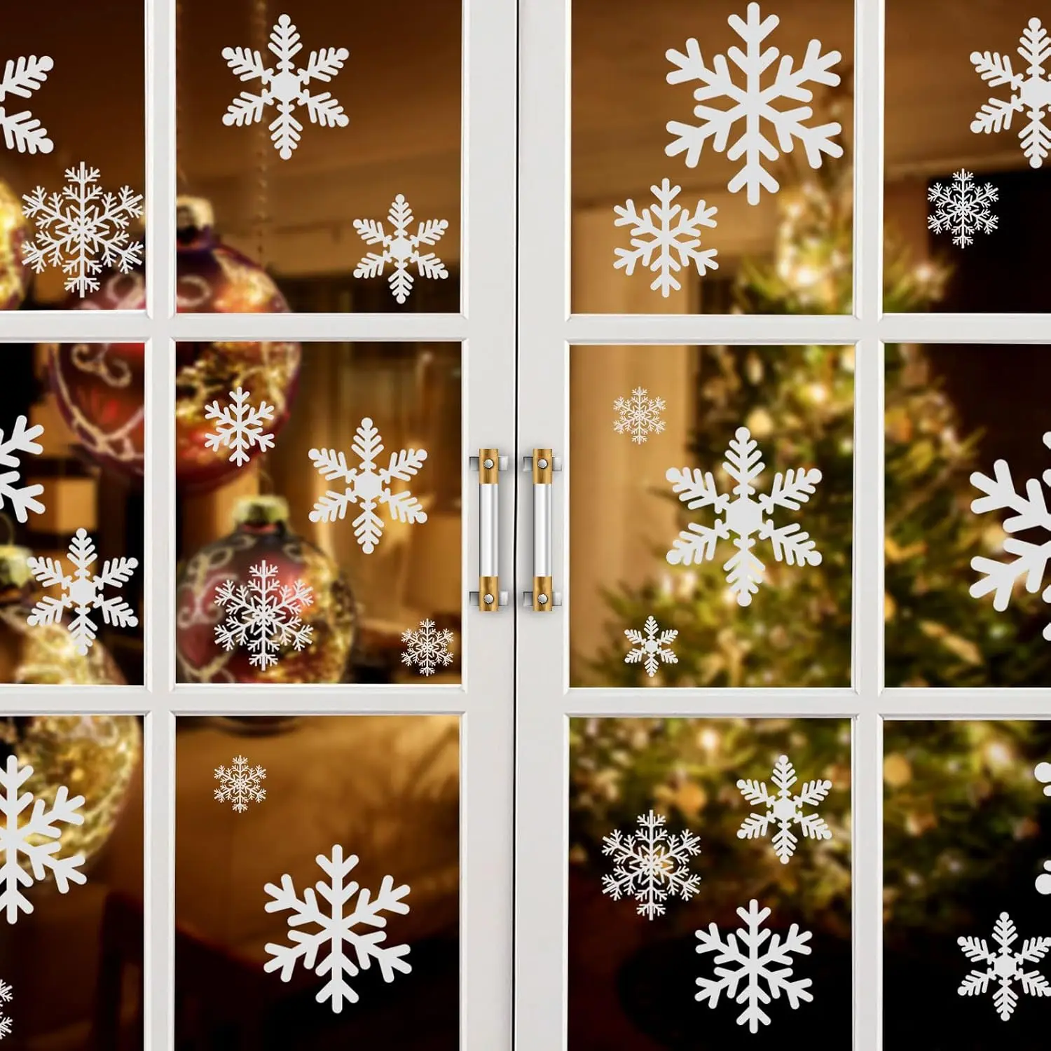96 count Christmas Decorations, Snowflake Window Clings, 10 Sheets | Glueless PVC Window Stickers, 3 Sizes & 3 Snowflake Designs, For Windows, Fridge Doors & Mirrors, Indoor Christmas Decor