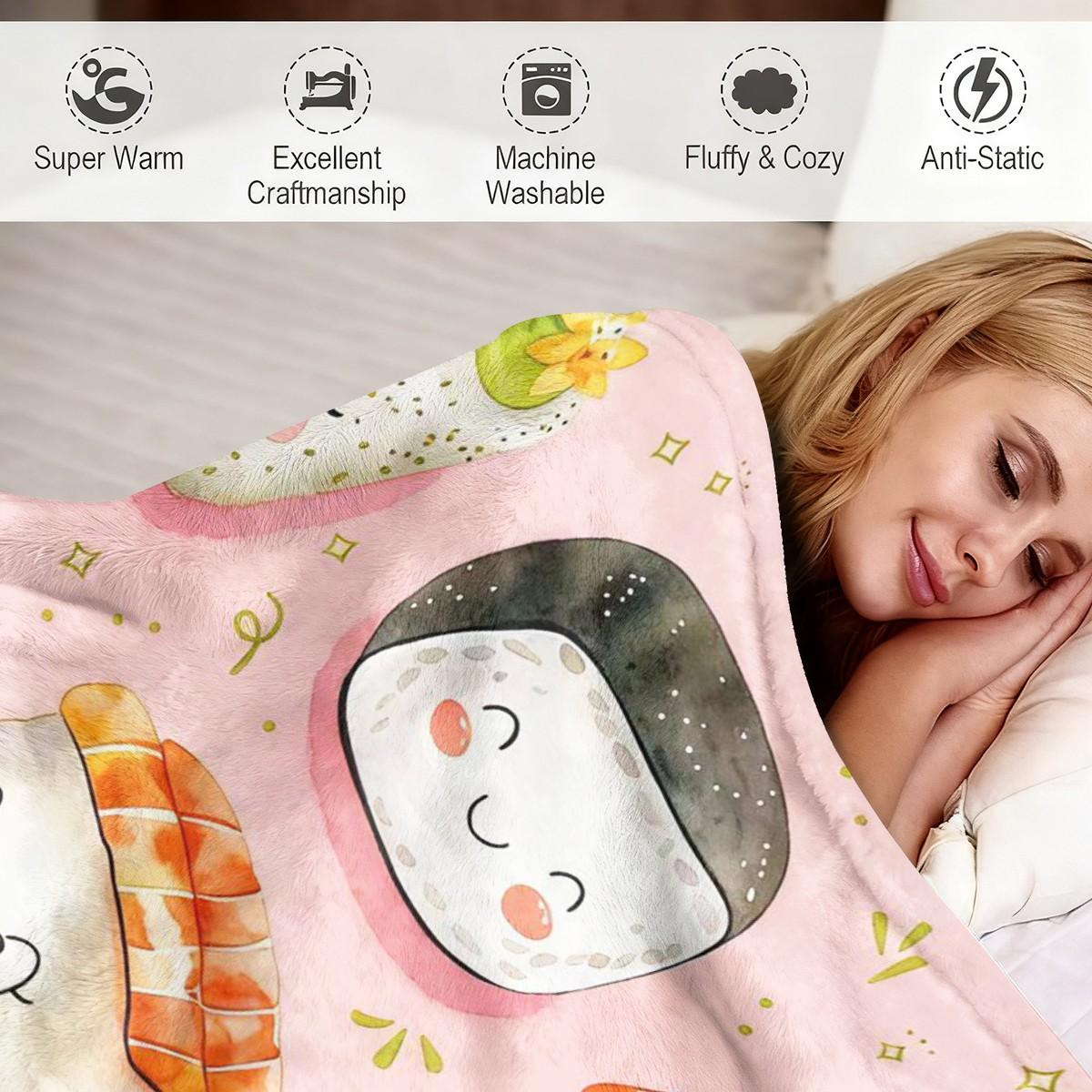 Cute Sushi Pattern Flannel Blanket, Soft Skin-Friendly Warm, Easy to Store, Multi-Scene Home Office Travel Throw, Suitable for Sushi Lovers