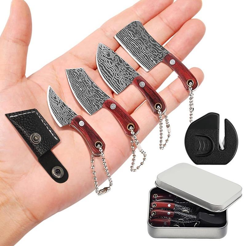 1 box, mini pattern set, including 4 knives, 4 knife sheaths, 1 sharpening stone, outdoor camping EDC tool set, portable keychain, multi-purpose, Edc Multi Tools, Portable Multipurpose Knives, Camping Supplies, Camping Gear