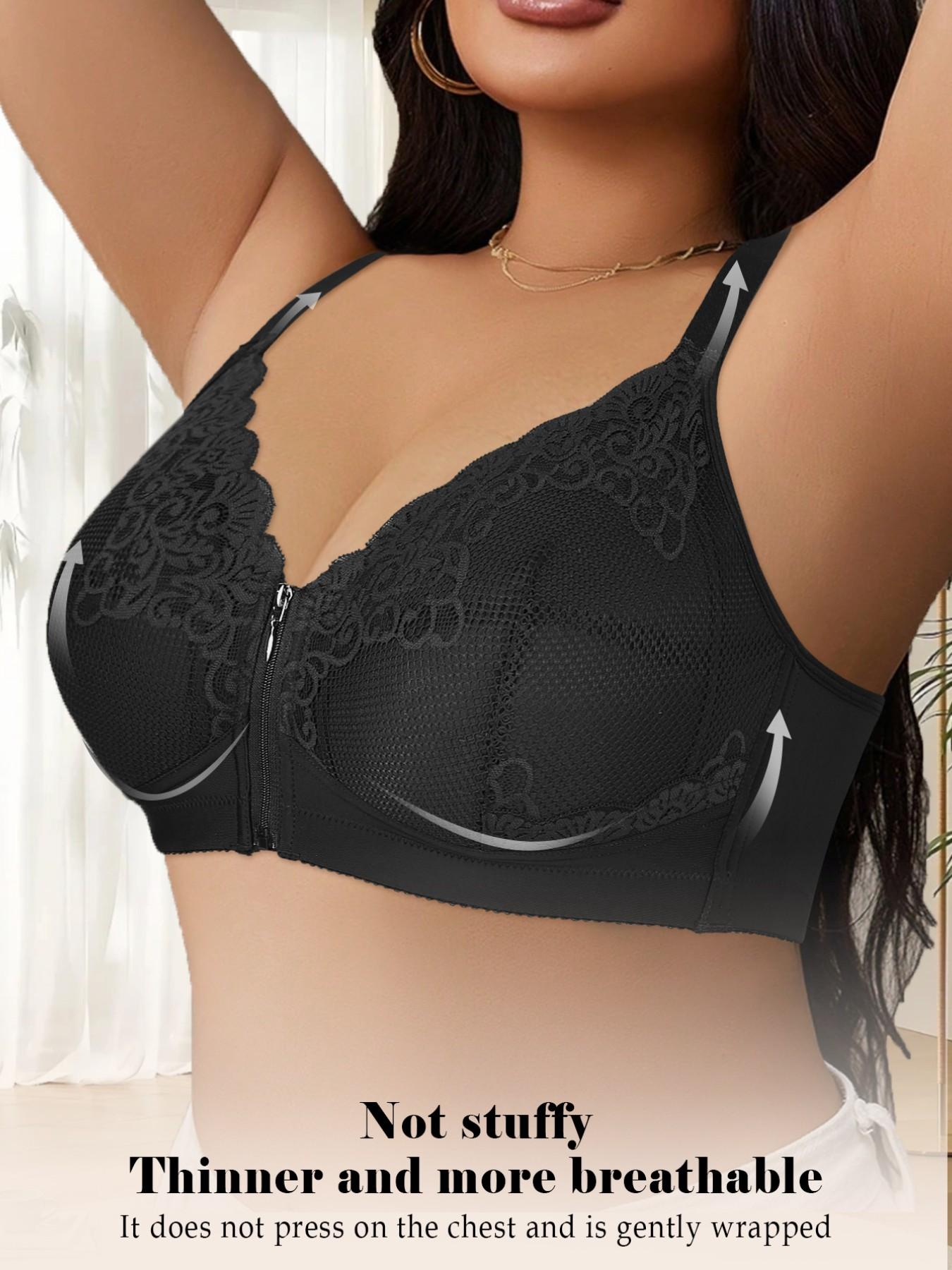 Women's Plus Size Front-Zip Wireless Push-Up Bra - Hidden Zipper, Floral, Elegant, Feminine, Chic, Wide Adjustable Straps, Comfort Breathable, Slim Shaping Silhouette | Valentine's Day Gift, Bridal & Everyday Wear