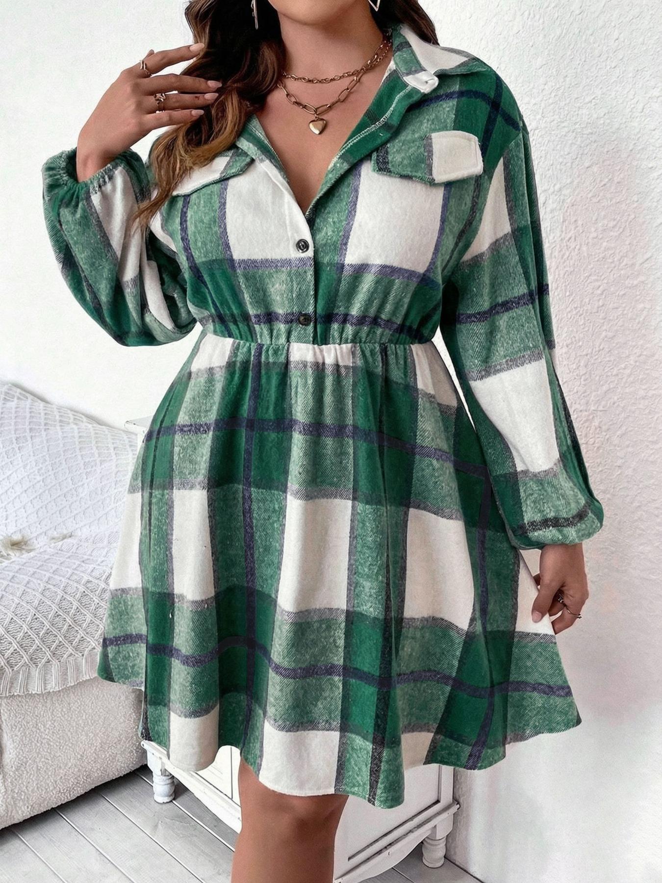 Women's Plus Size Plaid Shirt Dress, Long Sleeve Button Front Casual Short Skirt, Fall & Winter Fashion, Fitted Moderate Fabric