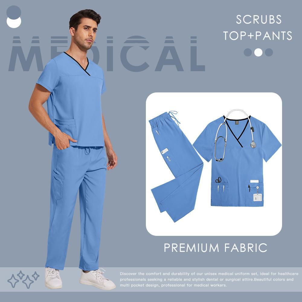 Women's Solid V-Neck 2-Piece Scrubs Set - Short Sleeve V-Neck Top & Pants, Standard Fit Women's Clothes for All Seasons, Medical Dental Workwear (Menswear Compatible)