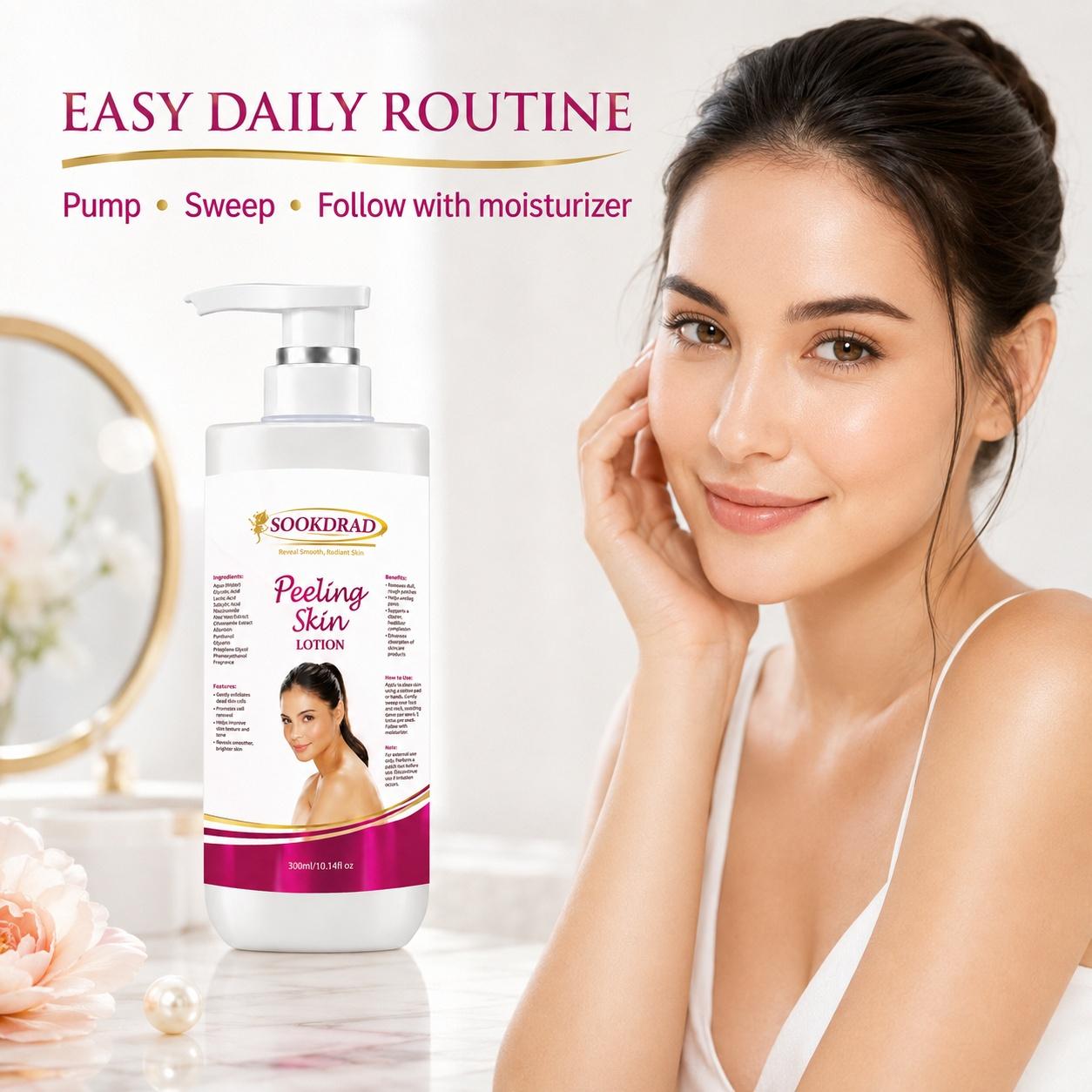 Peeling Skin Lotion, contains Glycolic Acid, Lactic Acid, Salicylic Acid, Niacinamide, Aloe Vera Extract, Chamomile Extract, exfoliates dead skin cells, improves skin texture, unclogs pores, reveals
