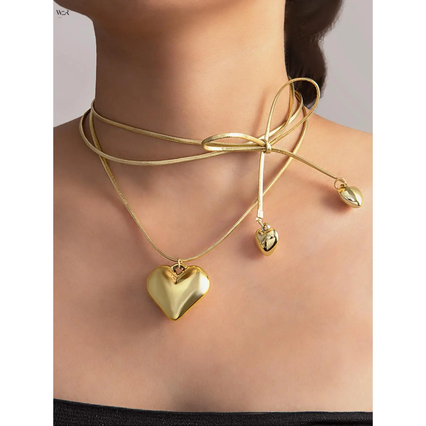 Long Adjustable Drawstring Snake Chain Heart Pendant Necklace for Women, Multi Layer Wrap Bow Choker with 3 Puffy Love Heart Charms, Minimalist Stackable Metallic Neck Jewelry, Gold Silver Two Tone Fashion Accessory for Daily Dating Party