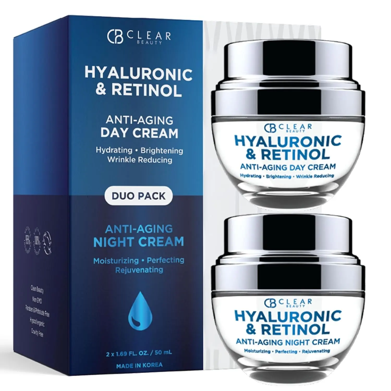 Clear Beauty Hyaluronic Acid & Retinol Face Moisturizer - Dermatologist Tested, Anti Aging, Korean Skin Care – Day And Night Hydration, Smooths Fine Lines, Firms Skin – Vegan, Clean – Duo Pack