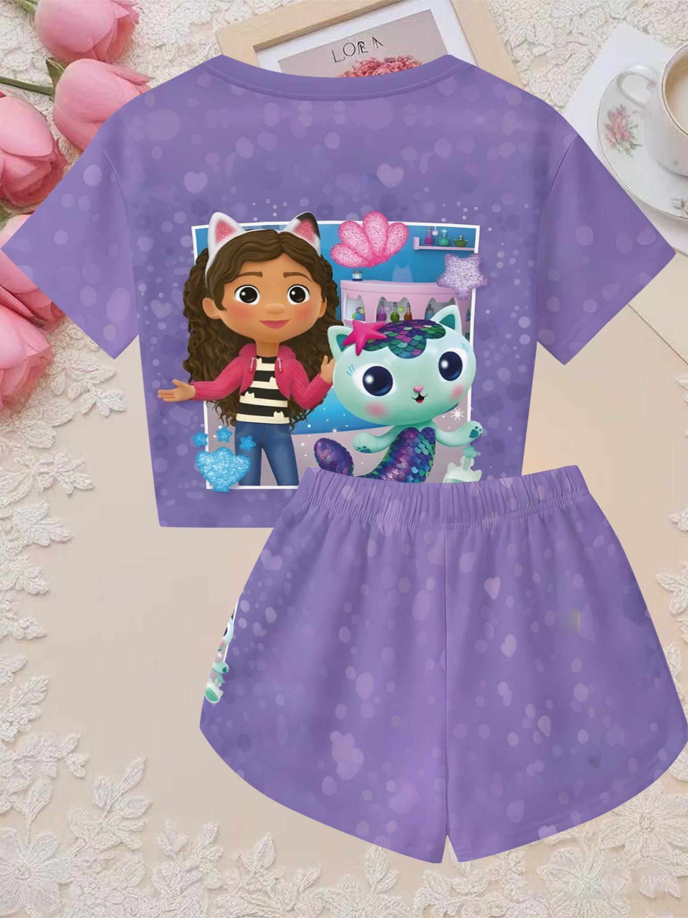 Girls' 3D Set, Polka Dot Barbie Doll Mermaid Cat Print, Outdoor Wear, Gift Idea, Cute and Trendy Fashion for Kids