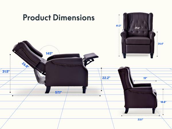 【Valentine Day Sale】Recliner Chair PU Leather Wingback Armchair, Push Back Recliner for Small Spaces, Tufted Back Accent Chair with Rivet Trim, Mid Century Single Sofa for Living Room Bedroom Study Lounge Furniture