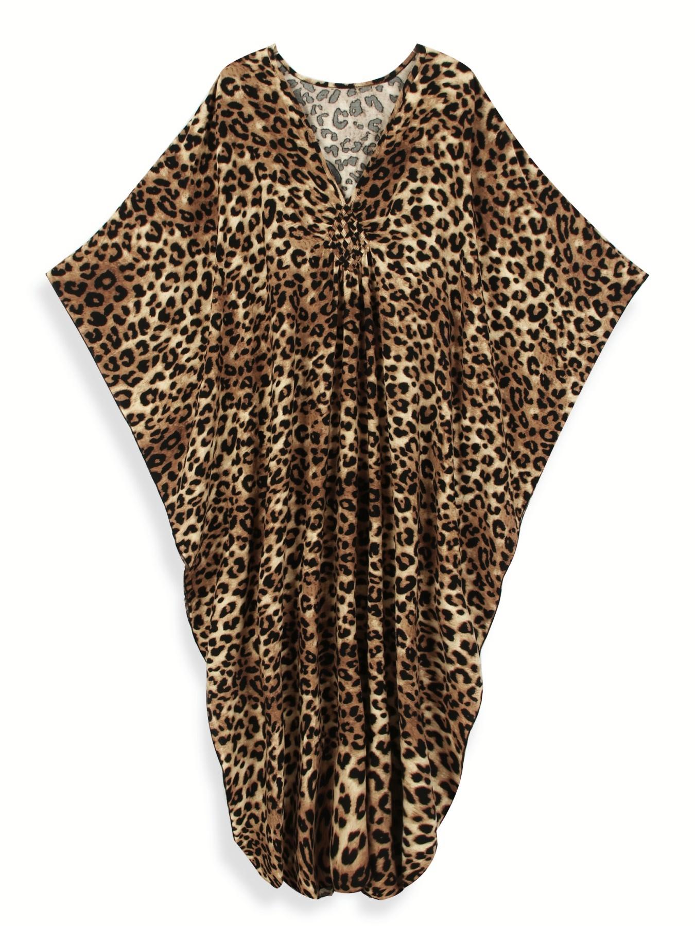 Women's Leopard Print Batwing Sleeve Split Hem Kaftan Dress, Casual Modest Style V-Neck 3/4 Sleeve Long Dress for Fall & Winter, Women's Islamic Clothing for Daily Wear Women's Leopard Print Batwing Sleeve Split Hem Kaftan Dress, Casual Modest Style V-Neck 3/4 Sleeve Long Dress for Fall & Winter, Women's Islamic Clothing for Daily Wear