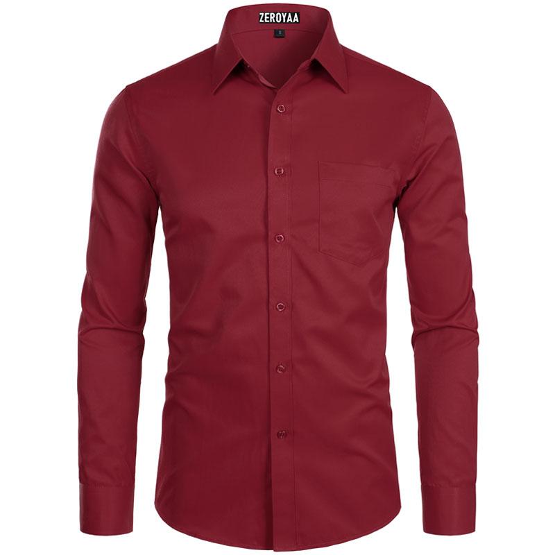 Zeroyaa Men's Long Sleeve Button Up Shirts Solid Slim Fit Casual Business Formal Dress Shirt with Pocket Menswear Korean summer outfits men funny shirts