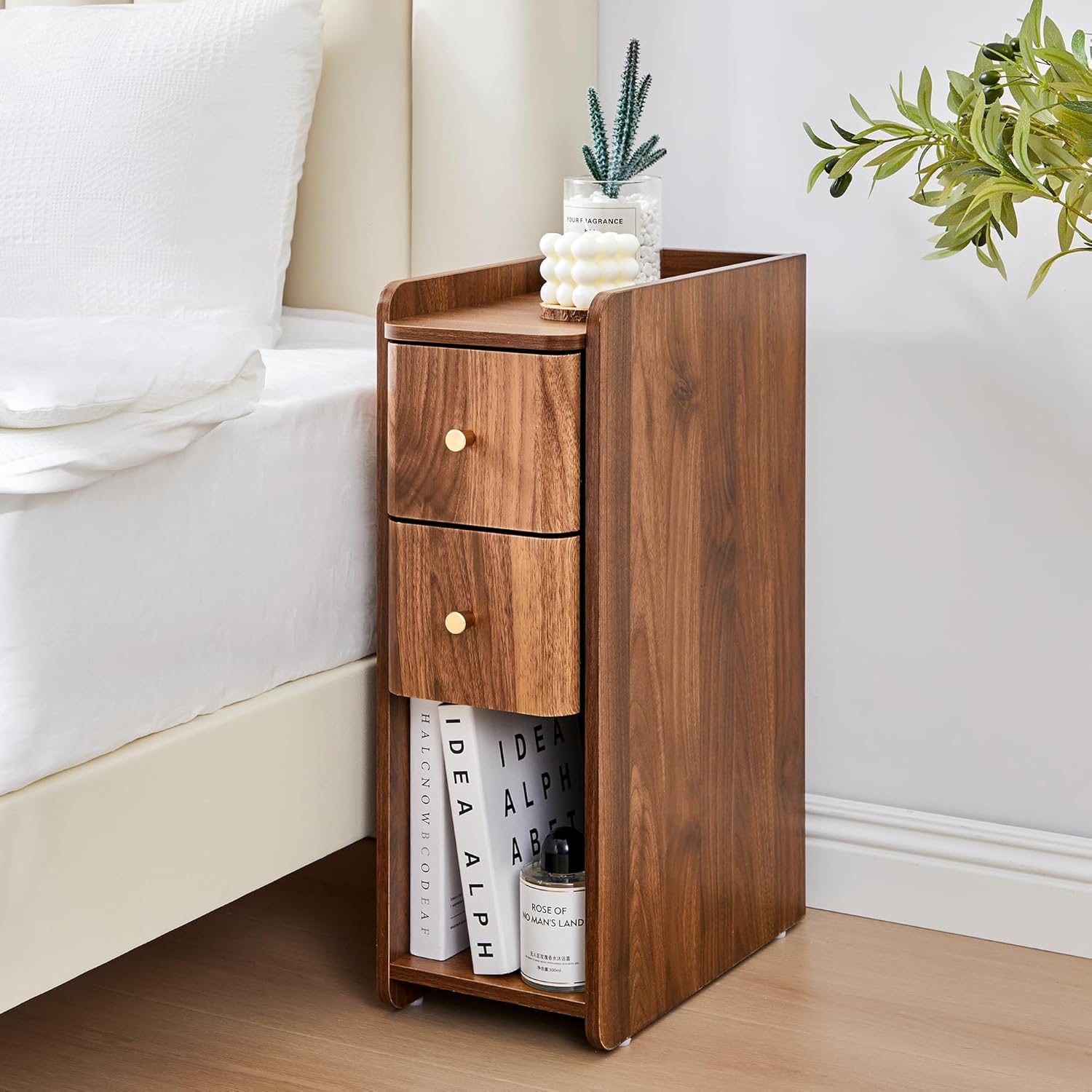 Giratree Mid-Century Modern Nightstand with 2 Drawers, Narrow Vintage Wooden End Table with Open Storage, Wooden Bedside Table Compact Organizer for Bedroom or Living Room Giratree Mid-Century Modern Nightstand with 2 Drawers, Narrow Vintage Wooden End Table with Open Storage, Wooden Bedside Table Compact Organizer for Bedroom or Living Room